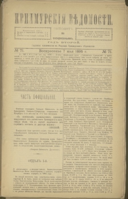 Приамурские ведомости : еженедельная общественно-политическая газета. - 1895. - № 71 (7 мая)
