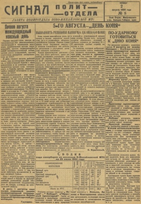 Сигнал политотдела : газета политотдела Ново-Михайловской МТС. - 1934. - № 8 (2 августа)