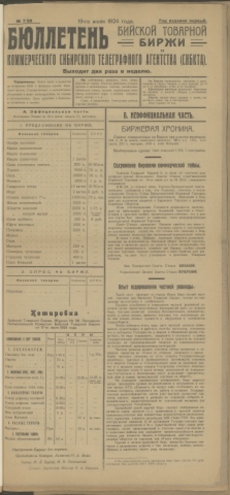 Бюллетень Бийской товарной биржи : издание Бийского биржевого комитета. - 1924. - № 7(38) (19 июля)