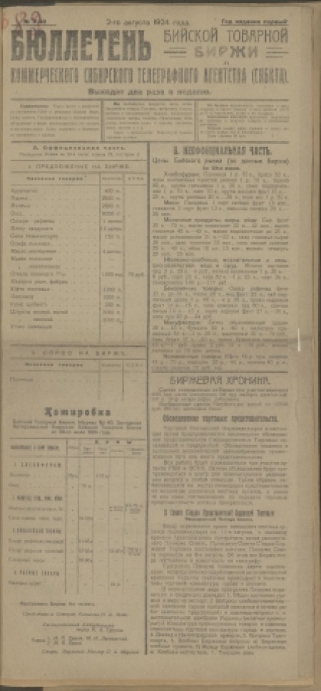 Бюллетень Бийской товарной биржи : издание Бийского биржевого комитета. - 1924. - № 9(40) (2 августа)