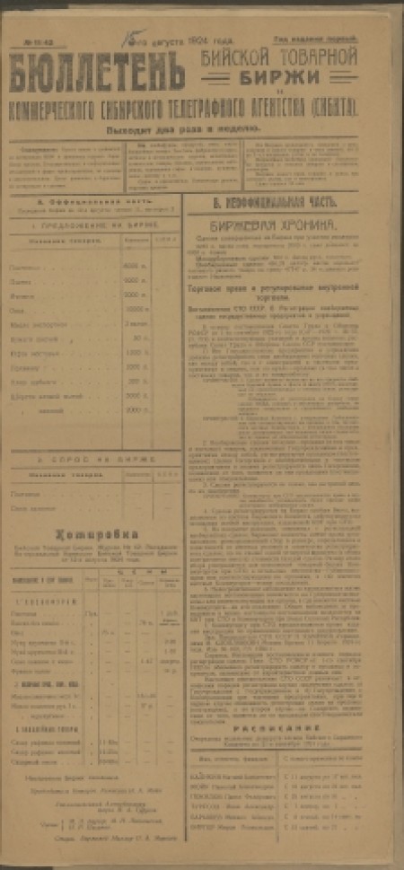 Бюллетень Бийской товарной биржи : издание Бийского биржевого комитета. - 1924. - № 11(42) (15 августа)