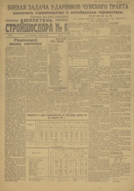 Бюллетень стройшосдора № 6 : . - 1934. - № 1 (5 сентября)