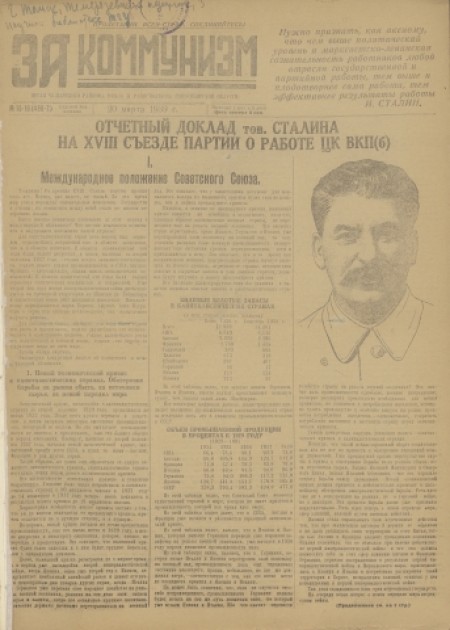 За коммунизм : орган Чулымского райкома ВКП(б) и районного Совета депутатов трудящихся. - 1939. - № 15-16 (20 марта)