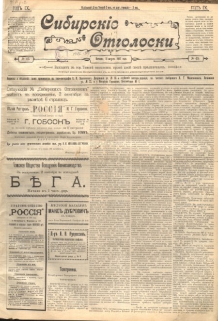 Сибирские отголоски : политическая, общественная и литературная газета. - 1907. - № 45 (31 августа)