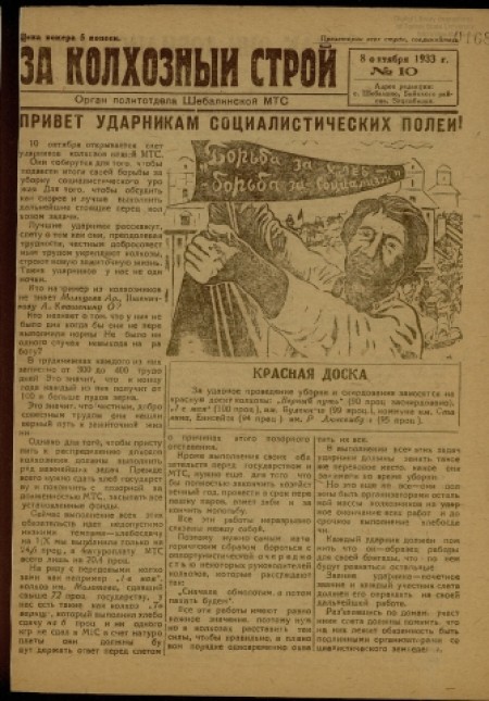   За колхозный строй : орган политотдела Шебалинской МТС. - 1933. - № 10 (8 октября)