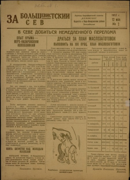 За большевистский сев : листок Барабинской газеты "Коммуна". - 1932. - № 2 (12 мая)