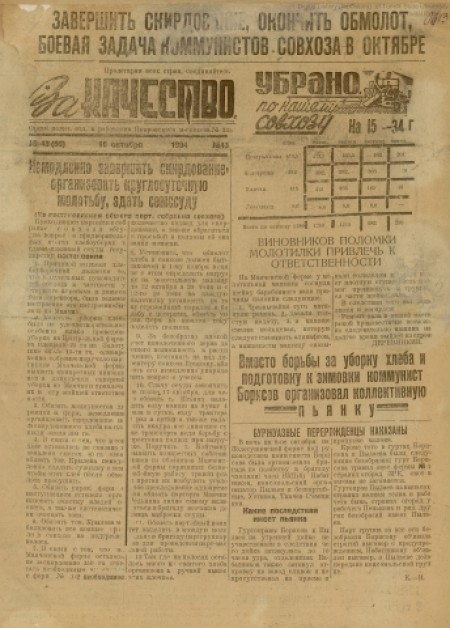 За качество : орган политотдела и рабочкома Покровского м-совхоза № 233. - 1934. - № 43 (10 октября)