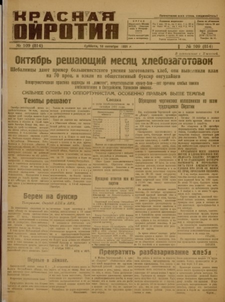 Красная Ойротия : орган Ойротского обкома ВКП(б), облисполкома и облпрофсовета. - 1931. - № 109 (10 октября)