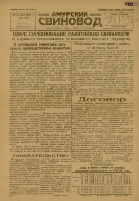 Амурский свиновод : газета, орган политотдела свиносовхоза. - 1933. - № 13 (22 октября)