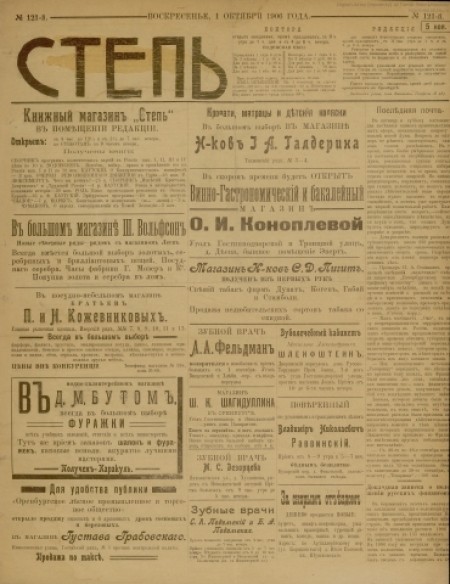 Степь : политическая, литературная и общественно-экономическая газета. - 1906. - № 121 (1 октября)