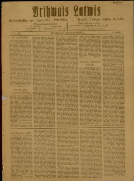 Brihwais Latwis : laikraksts. - 1919. - № 26 (17 ноября)