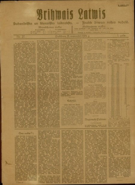 Brihwais Latwis : laikraksts. - 1919. - № 27 (21 ноября)