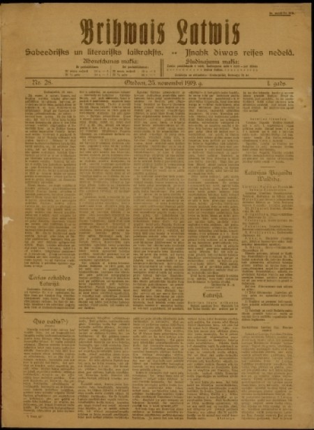 Brihwais Latwis : laikraksts. - 1919. - № 28 (25 ноября)