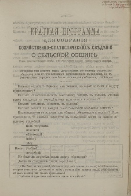 Краткая программа для собирания хозяйственно-статистических сведений о сельской общине