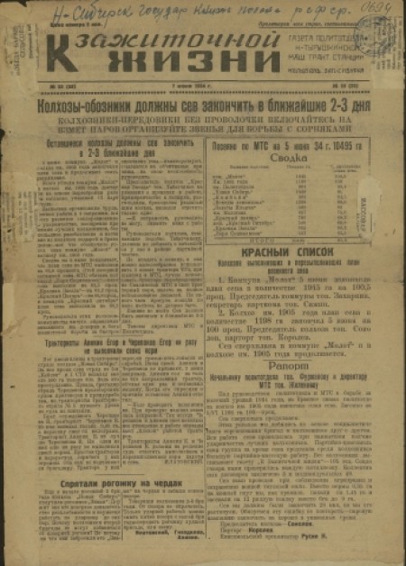 К зажиточной жизни : газета политотдела Н-Тырышкинской МТС. - 1934. - № 35 (7 июня)