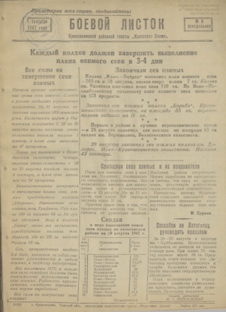Боевой листок : Кривошеинской районной газеты "Колхозное знамя". - 1947. - № 6 (1 сентября)