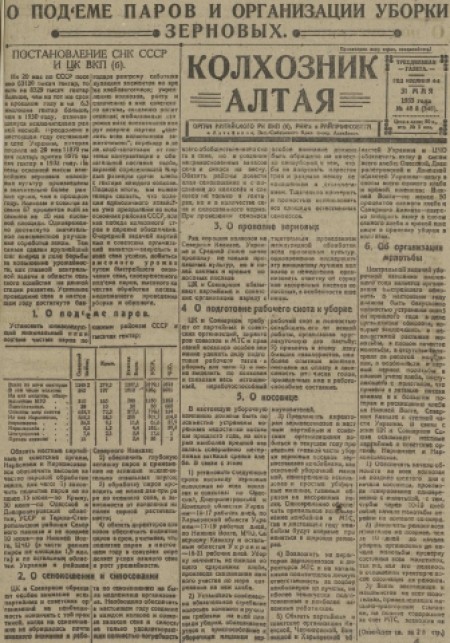 Колхозник Алтая : орган Алтайского райкома ВКП(б) и РИКа. - 1933. - № 48 (31 мая)