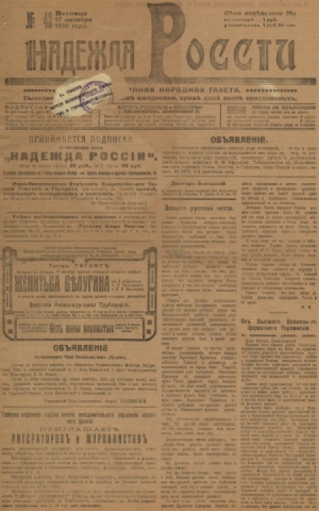 Надежда России : общедоступная народная газета. - 1919. - № 42 (17 октября)