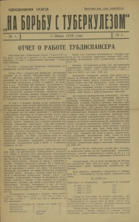 На борьбу с туберкулезом : однодневная газета. - 1929. - № 1 (5 июля)